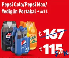 PEPSİ COLA/PEPSİ MAX/YEDİGÜN PORTAKAL KOLA 4X1 L fiyat ve kampanya bilgisi